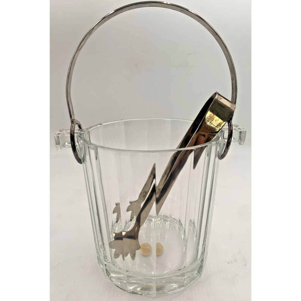 Vintage Godinger Crystal Panel Cut Ice Bucket w/Silverplate Handle &Chrome Tongs